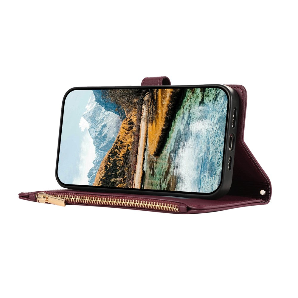 For Xiaomi 17 Pro Max Case Multi Card Slots Zipper Rhombus Leather Phone Cover with Wrist Strap - Wine Red