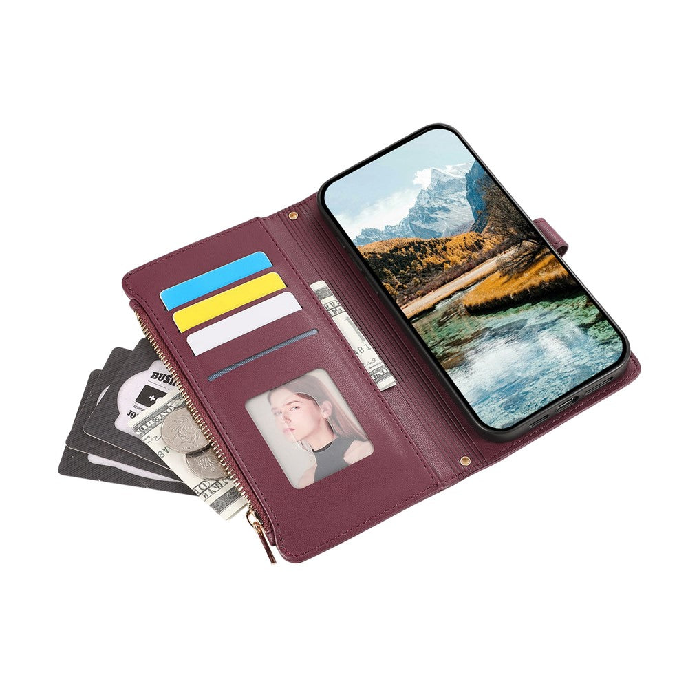 For Xiaomi 17 Pro Max Case Multi Card Slots Zipper Rhombus Leather Phone Cover with Wrist Strap - Wine Red