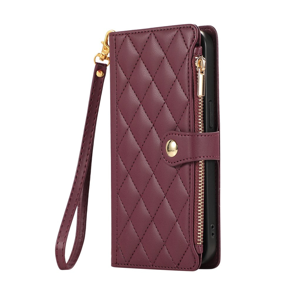 For Xiaomi 17 Pro Max Case Multi Card Slots Zipper Rhombus Leather Phone Cover with Wrist Strap - Wine Red