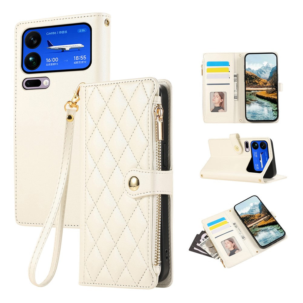 For Xiaomi 17 Pro Max Case Multi Card Slots Zipper Rhombus Leather Phone Cover with Wrist Strap - Beige