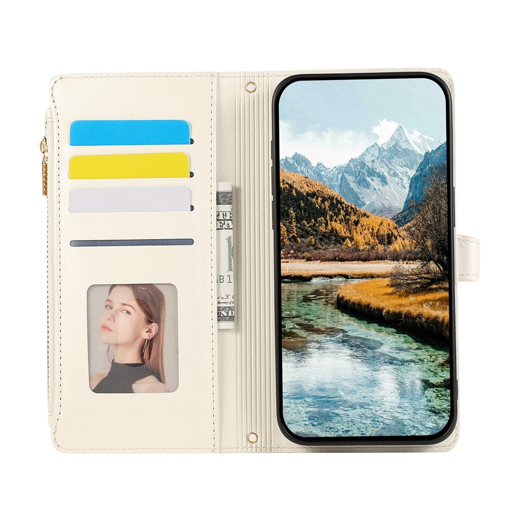 For Xiaomi 17 Pro Max Case Multi Card Slots Zipper Rhombus Leather Phone Cover with Wrist Strap - Beige