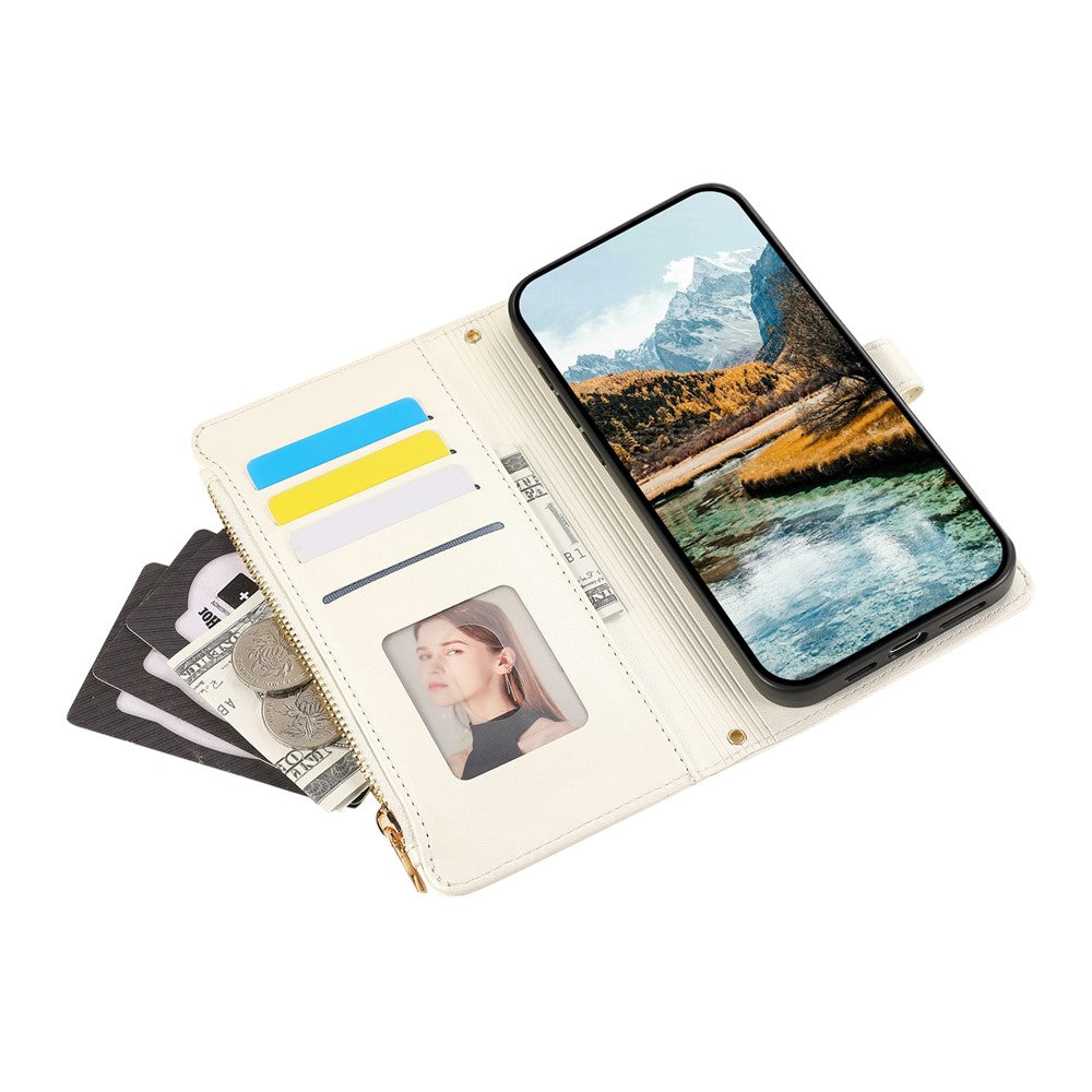 For Xiaomi 17 Pro Max Case Multi Card Slots Zipper Rhombus Leather Phone Cover with Wrist Strap - Beige