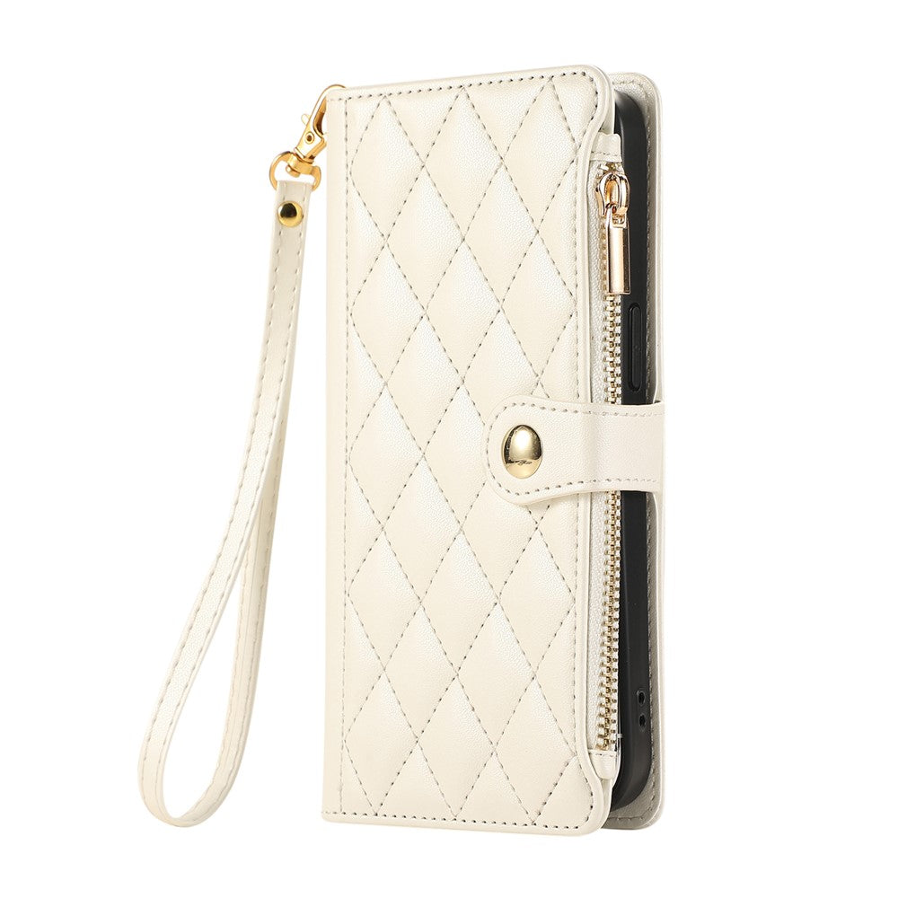For Xiaomi 17 Pro Max Case Multi Card Slots Zipper Rhombus Leather Phone Cover with Wrist Strap - Beige