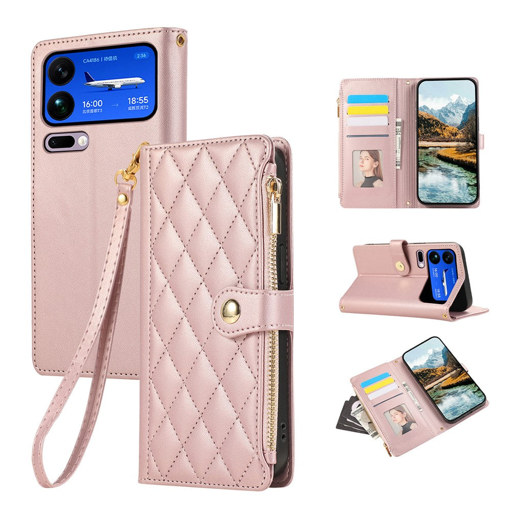 For Xiaomi 17 Pro Max Case Multi Card Slots Zipper Rhombus Leather Phone Cover with Wrist Strap - Rose Gold