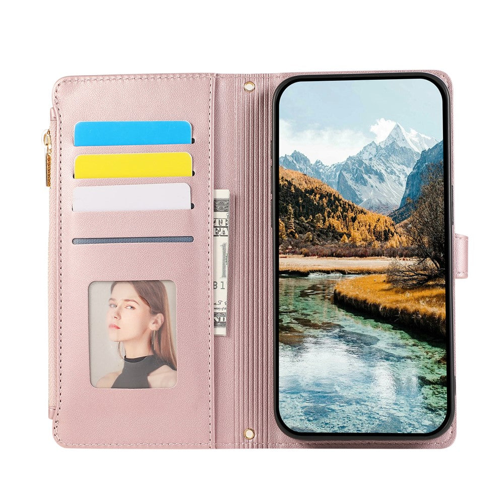 For Xiaomi 17 Pro Max Case Multi Card Slots Zipper Rhombus Leather Phone Cover with Wrist Strap - Rose Gold