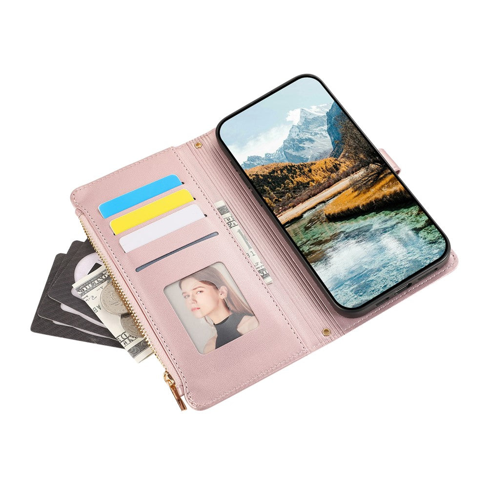 For Xiaomi 17 Pro Max Case Multi Card Slots Zipper Rhombus Leather Phone Cover with Wrist Strap - Rose Gold