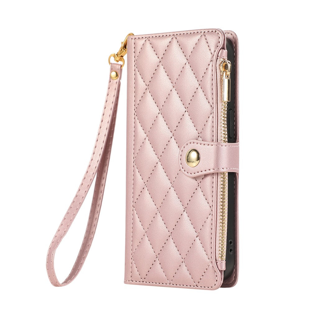 For Xiaomi 17 Pro Max Case Multi Card Slots Zipper Rhombus Leather Phone Cover with Wrist Strap - Rose Gold
