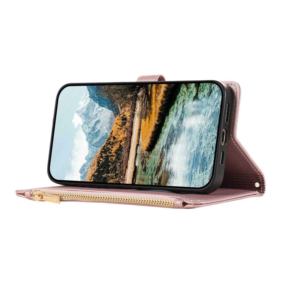For Xiaomi 17 Pro Case Multi Card Slots Zipper Rhombus Leather Phone Cover with Wrist Strap - Rose Gold