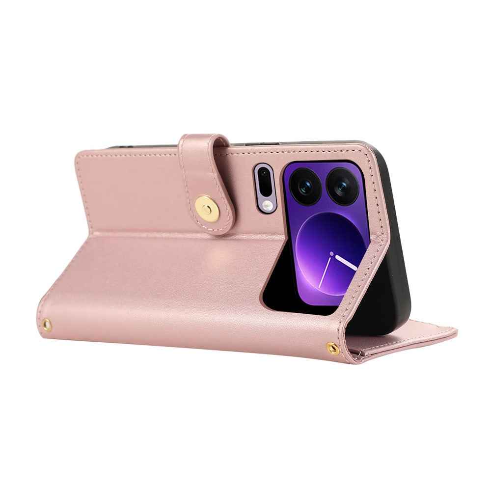 For Xiaomi 17 Pro Case Multi Card Slots Zipper Rhombus Leather Phone Cover with Wrist Strap - Rose Gold