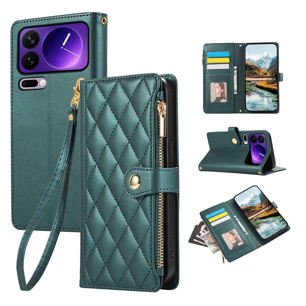 For Xiaomi 17 Pro Case Multi Card Slots Zipper Rhombus Leather Phone Cover with Wrist Strap - Green