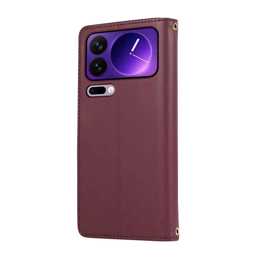 For Xiaomi 17 Pro Case Multi Card Slots Zipper Rhombus Leather Phone Cover with Wrist Strap - Wine Red