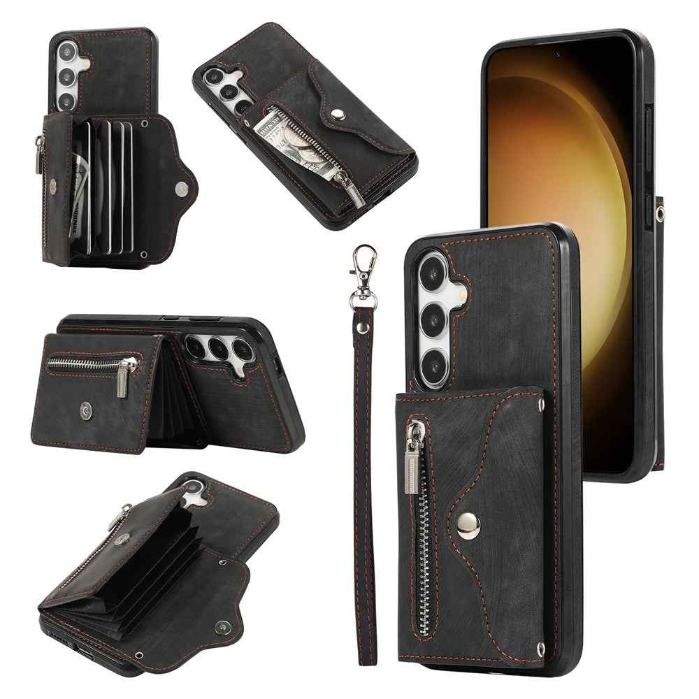 For Samsung Galaxy A57 5G Case Multiple Card Holder Kickstand TPU PU Leather + PC Phone Cover with Wrist Strap - Black