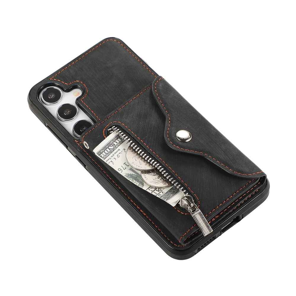 For Samsung Galaxy A57 5G Case Multiple Card Holder Kickstand TPU PU Leather + PC Phone Cover with Wrist Strap - Black