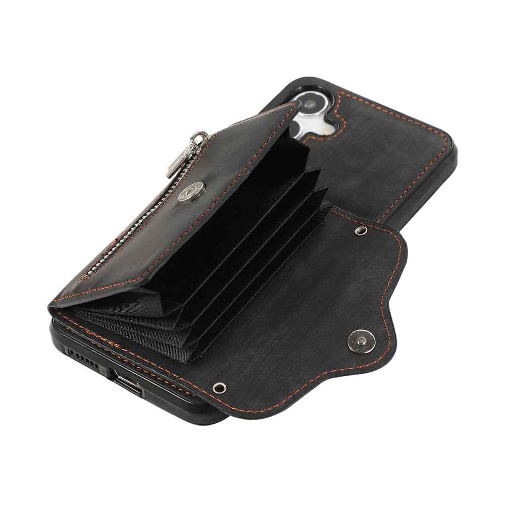 For Samsung Galaxy A57 5G Case Multiple Card Holder Kickstand TPU PU Leather + PC Phone Cover with Wrist Strap - Black