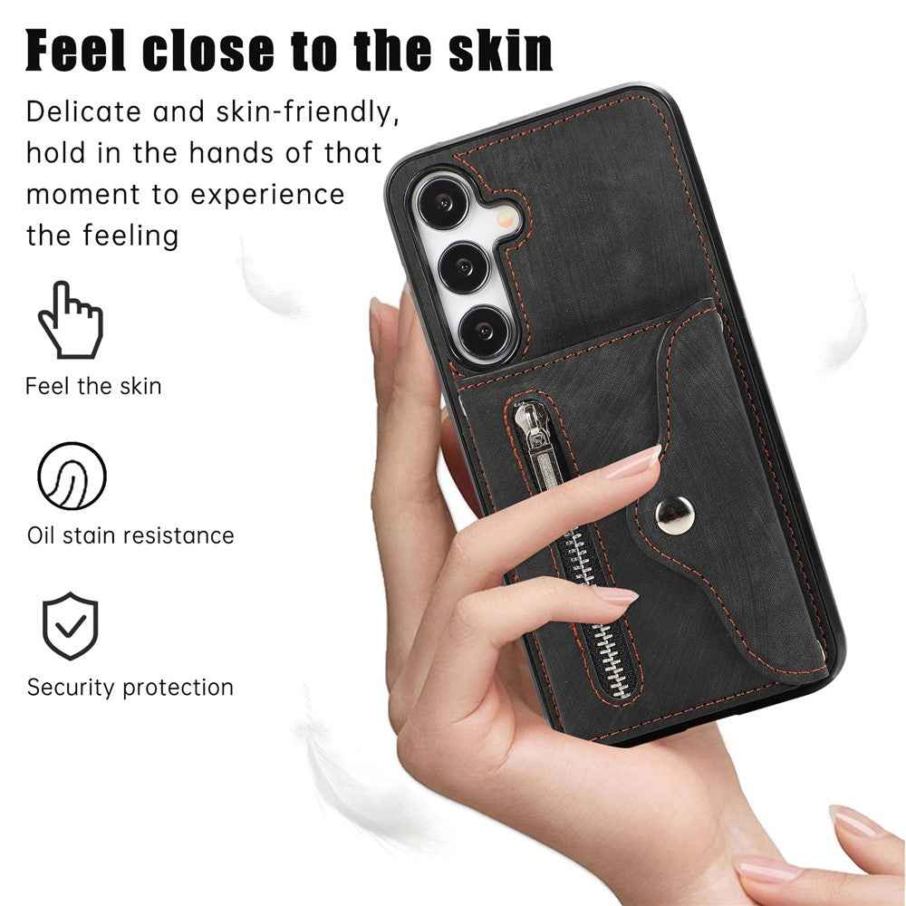 For Samsung Galaxy A57 5G Case Multiple Card Holder Kickstand TPU PU Leather + PC Phone Cover with Wrist Strap - Black