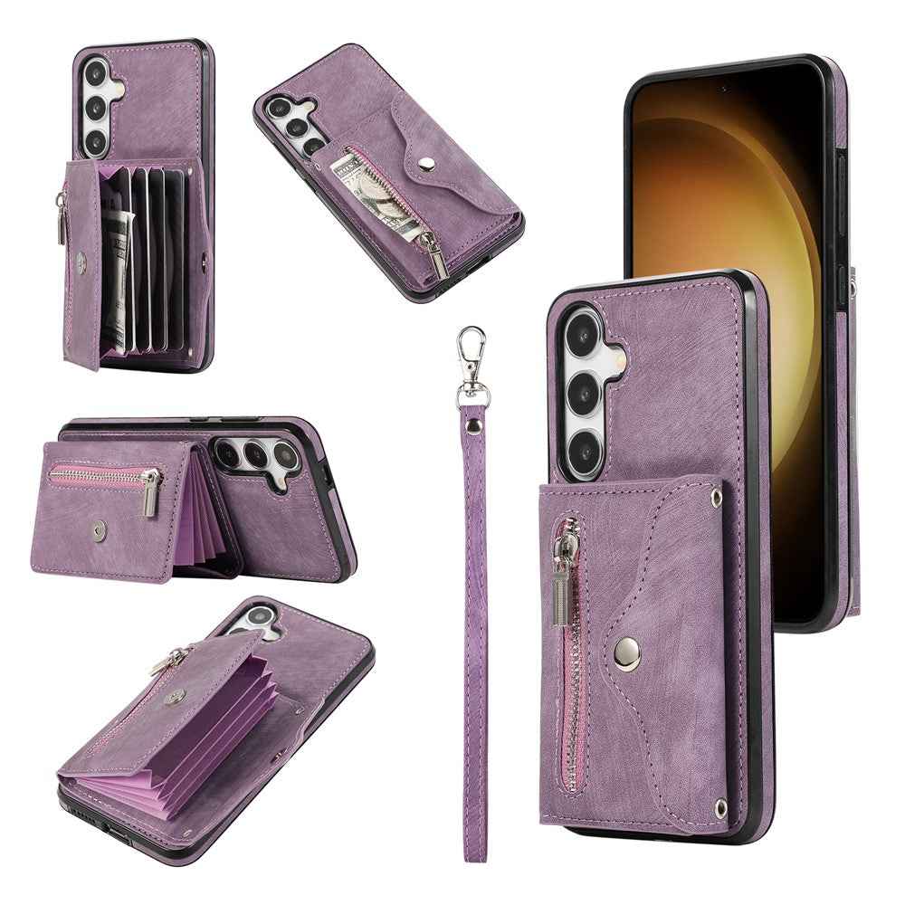For Samsung Galaxy A57 5G Case Multiple Card Holder Kickstand TPU PU Leather + PC Phone Cover with Wrist Strap - Purple