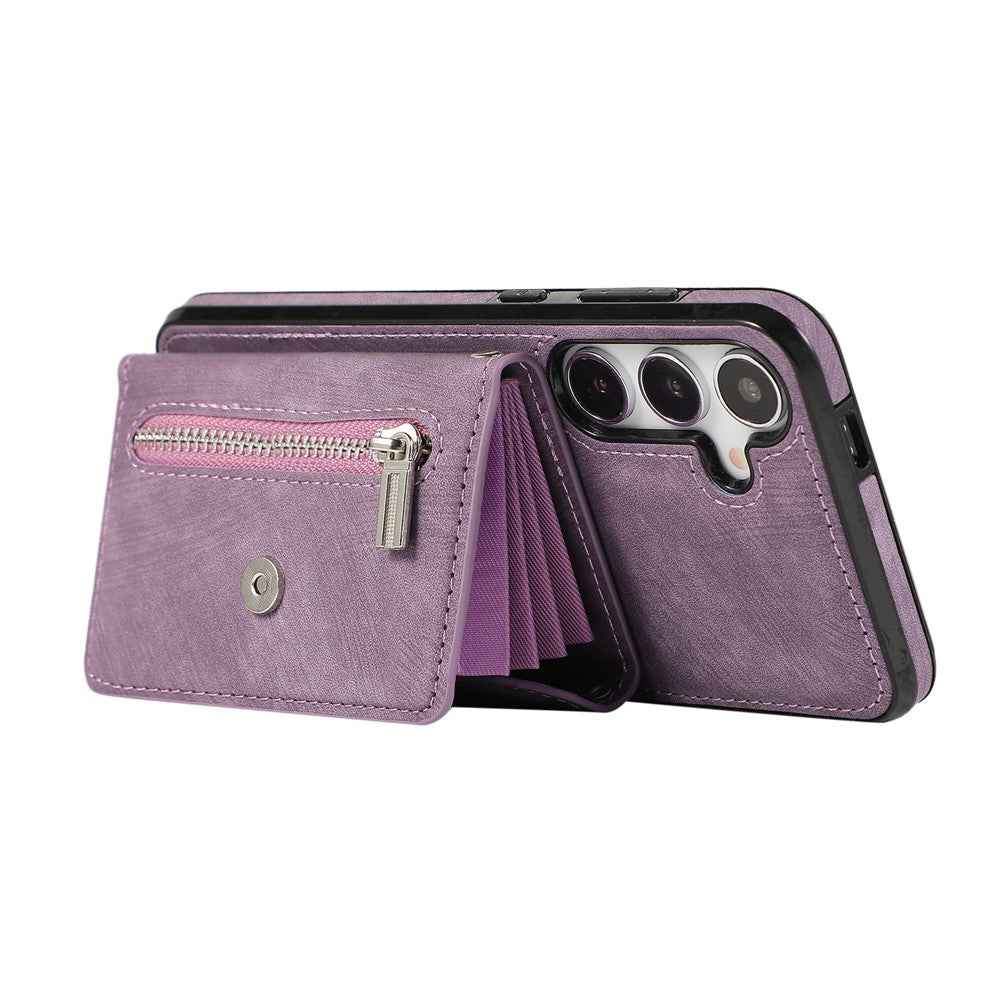 For Samsung Galaxy A57 5G Case Multiple Card Holder Kickstand TPU PU Leather + PC Phone Cover with Wrist Strap - Purple
