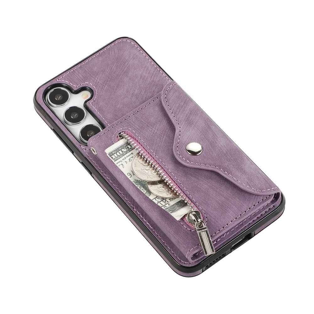 For Samsung Galaxy A57 5G Case Multiple Card Holder Kickstand TPU PU Leather + PC Phone Cover with Wrist Strap - Purple