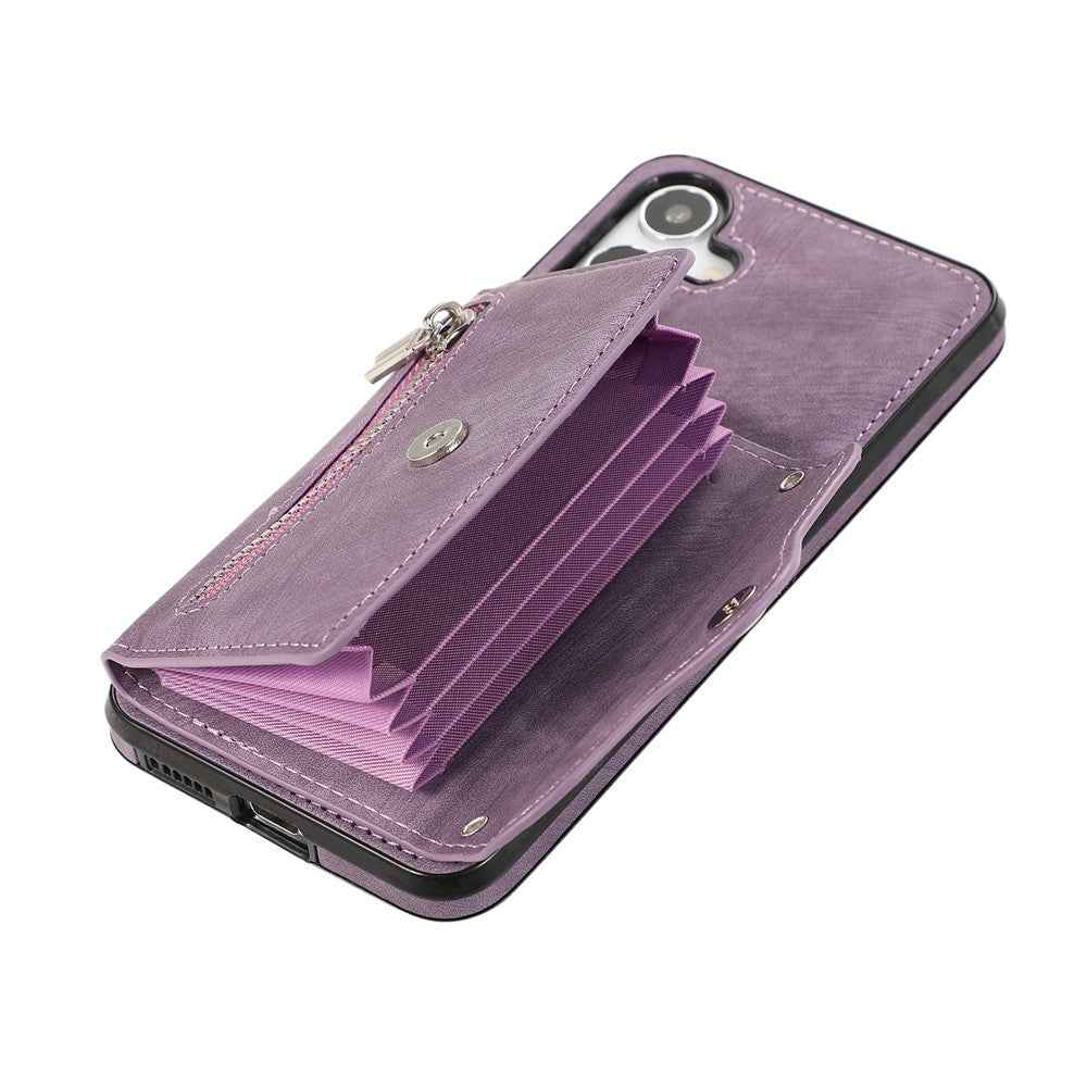 For Samsung Galaxy A57 5G Case Multiple Card Holder Kickstand TPU PU Leather + PC Phone Cover with Wrist Strap - Purple