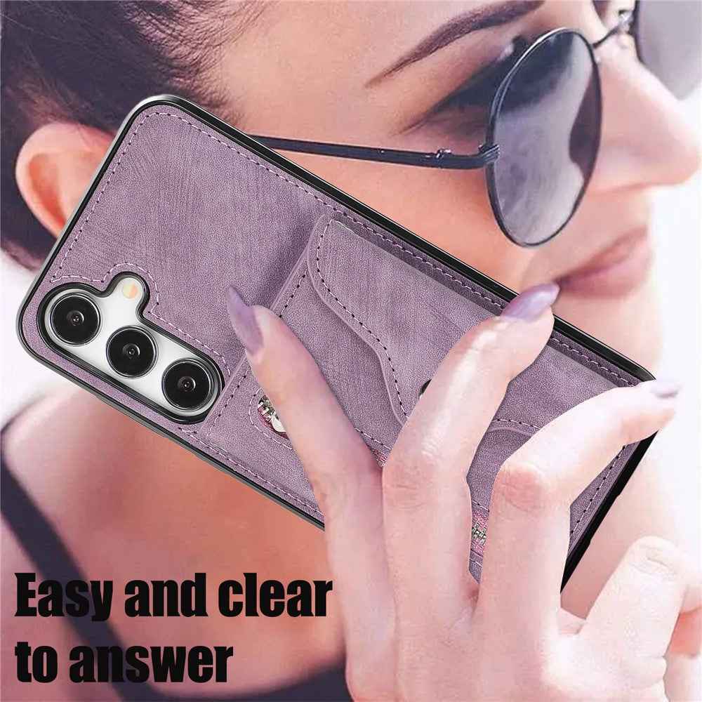 For Samsung Galaxy A57 5G Case Multiple Card Holder Kickstand TPU PU Leather + PC Phone Cover with Wrist Strap - Purple