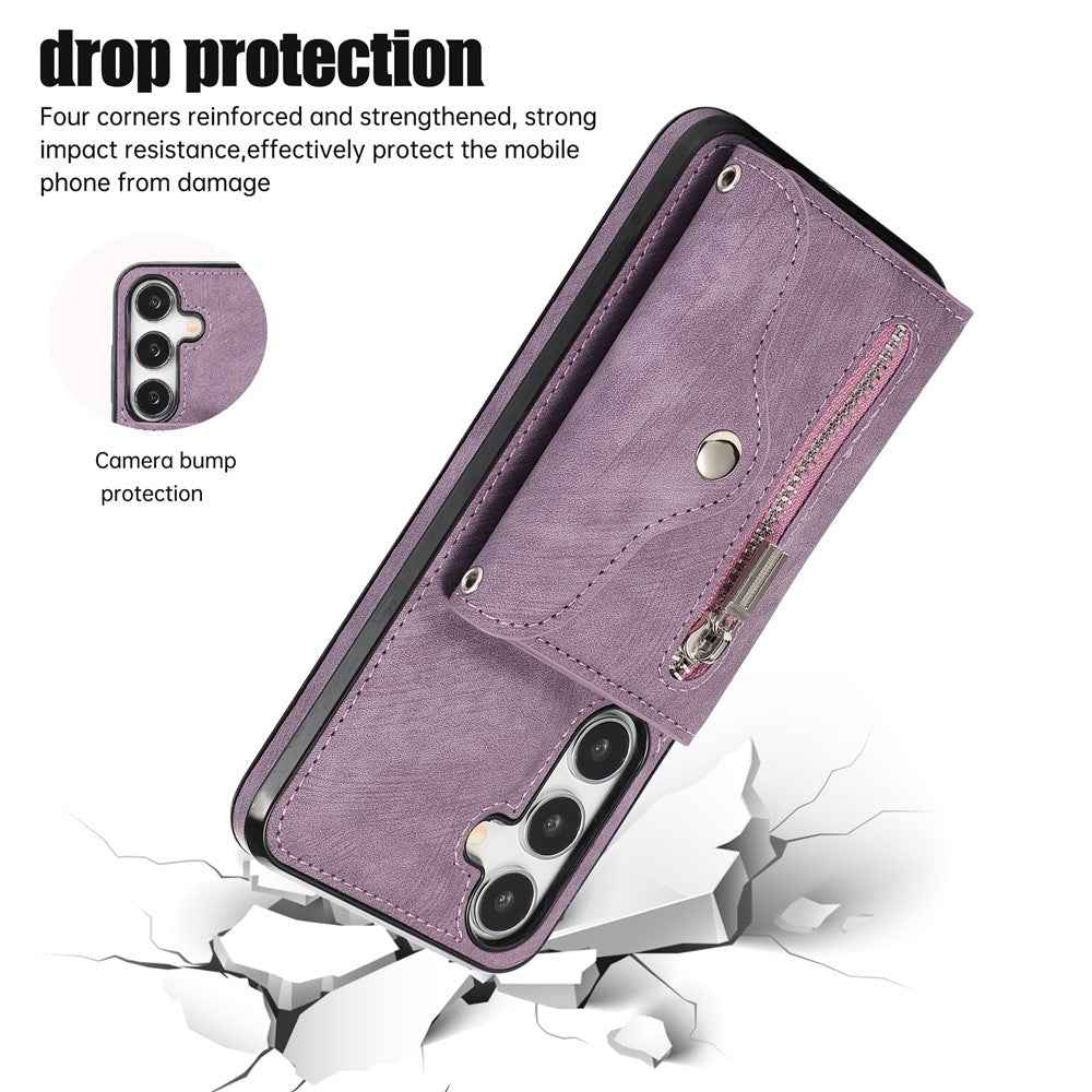 For Samsung Galaxy A57 5G Case Multiple Card Holder Kickstand TPU PU Leather + PC Phone Cover with Wrist Strap - Purple