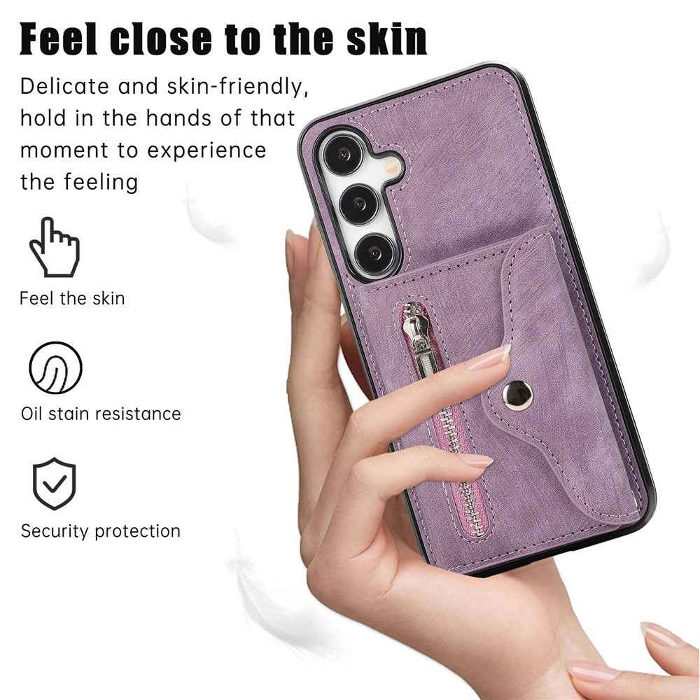 For Samsung Galaxy A57 5G Case Multiple Card Holder Kickstand TPU PU Leather + PC Phone Cover with Wrist Strap - Purple