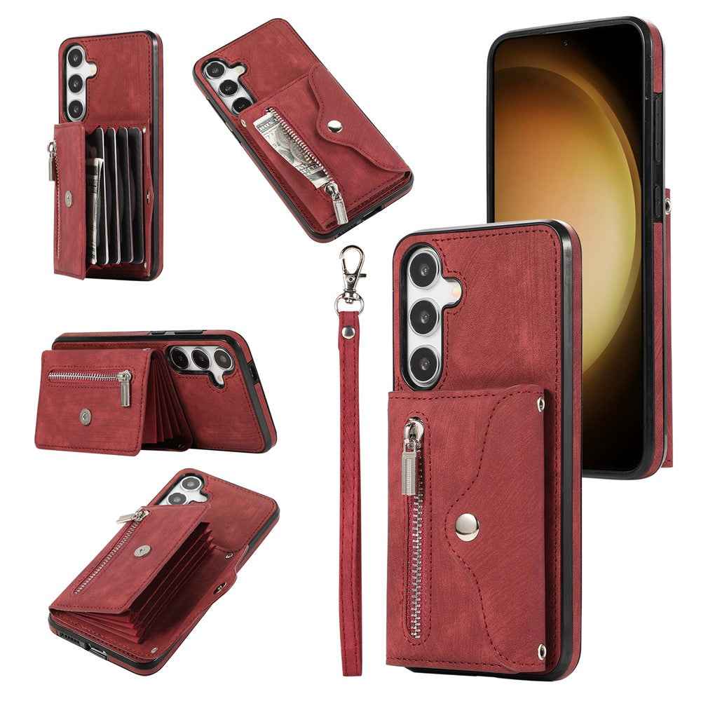 For Samsung Galaxy A57 5G Case Multiple Card Holder Kickstand TPU PU Leather + PC Phone Cover with Wrist Strap - Red