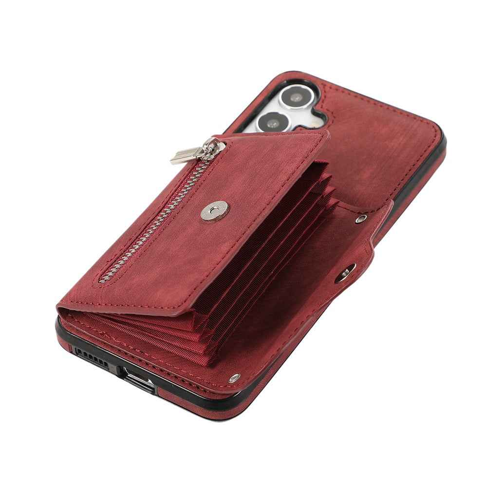 For Samsung Galaxy A57 5G Case Multiple Card Holder Kickstand TPU PU Leather + PC Phone Cover with Wrist Strap - Red