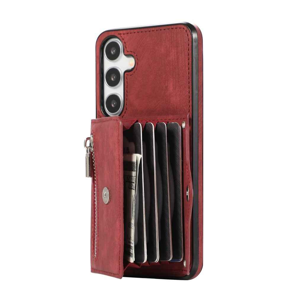 For Samsung Galaxy A57 5G Case Multiple Card Holder Kickstand TPU PU Leather + PC Phone Cover with Wrist Strap - Red