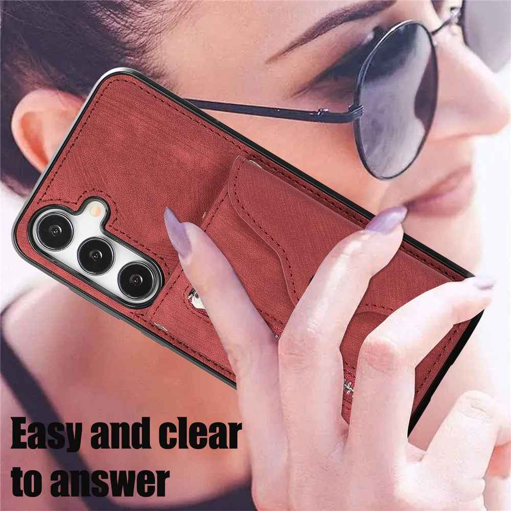 For Samsung Galaxy A57 5G Case Multiple Card Holder Kickstand TPU PU Leather + PC Phone Cover with Wrist Strap - Red