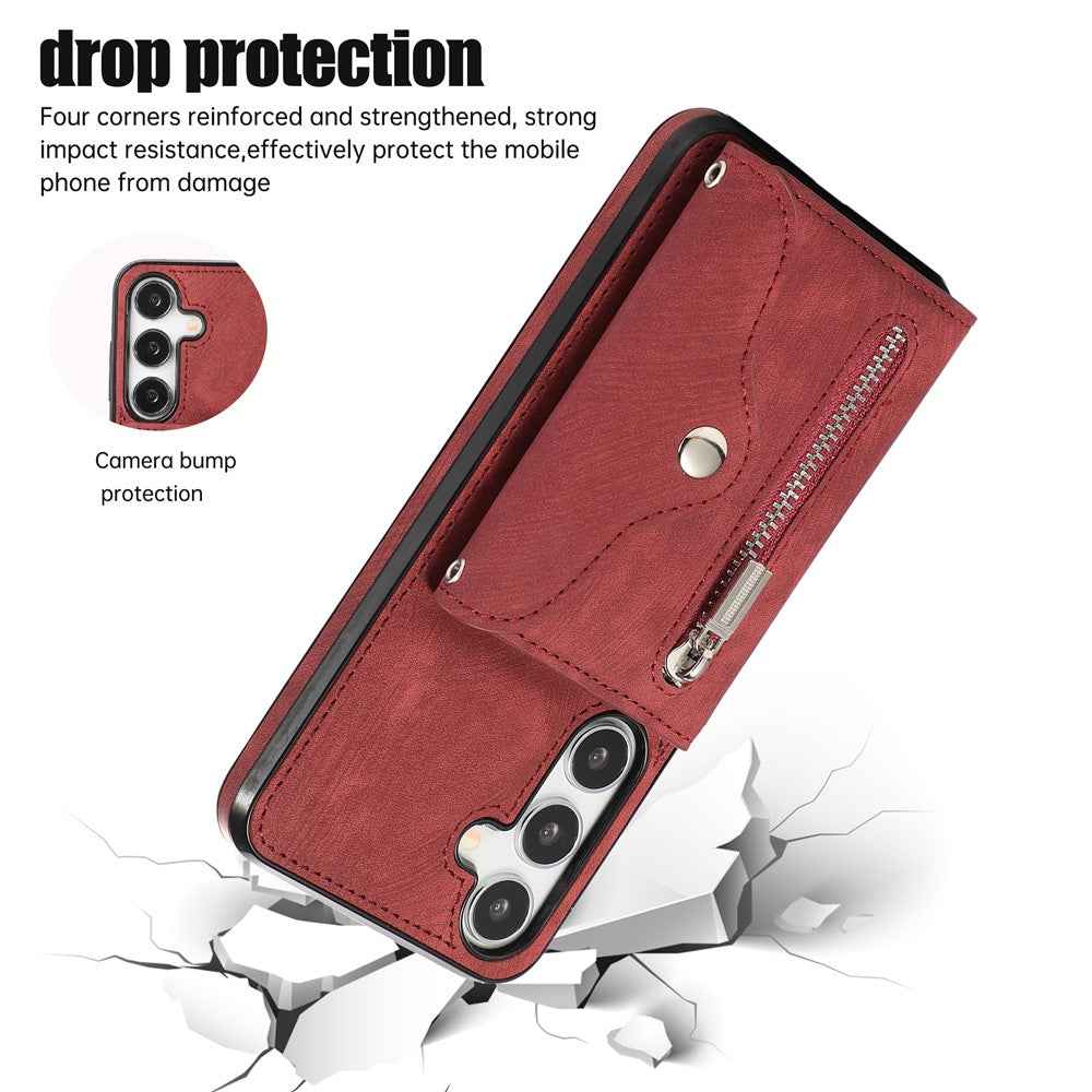 For Samsung Galaxy A57 5G Case Multiple Card Holder Kickstand TPU PU Leather + PC Phone Cover with Wrist Strap - Red