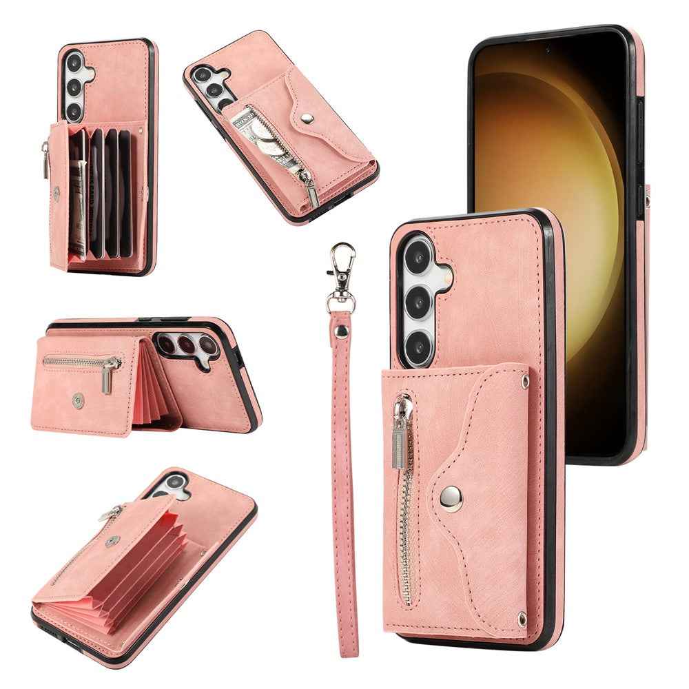For Samsung Galaxy A57 5G Case Multiple Card Holder Kickstand TPU PU Leather + PC Phone Cover with Wrist Strap - Rose Gold