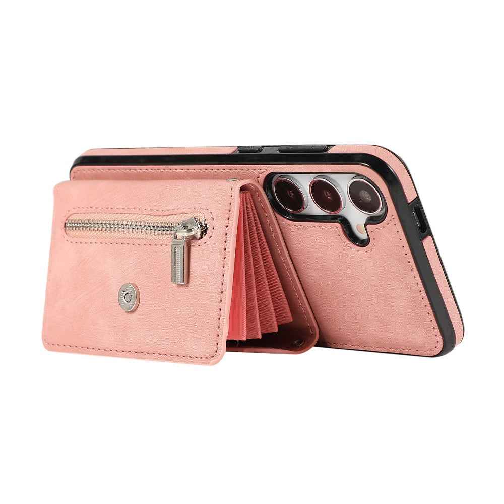 For Samsung Galaxy A57 5G Case Multiple Card Holder Kickstand TPU PU Leather + PC Phone Cover with Wrist Strap - Rose Gold