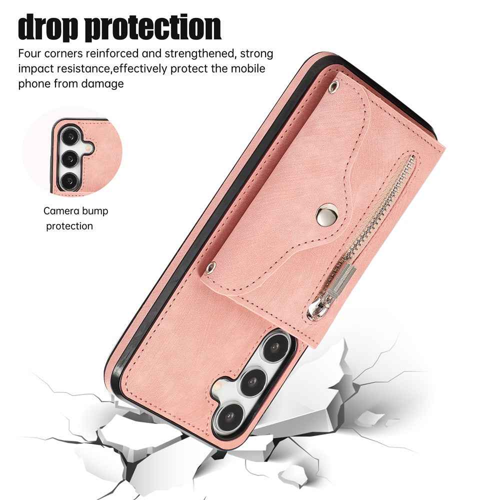 For Samsung Galaxy A57 5G Case Multiple Card Holder Kickstand TPU PU Leather + PC Phone Cover with Wrist Strap - Rose Gold