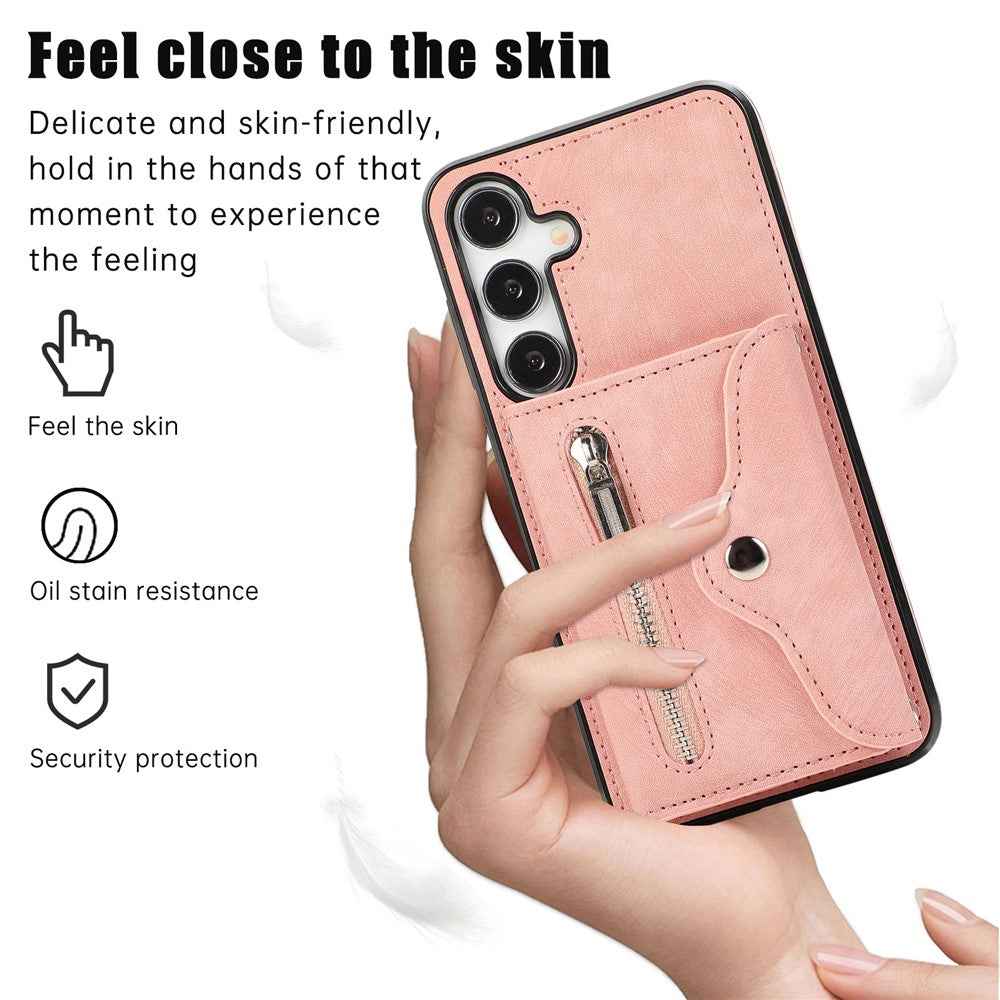 For Samsung Galaxy A57 5G Case Multiple Card Holder Kickstand TPU PU Leather + PC Phone Cover with Wrist Strap - Rose Gold