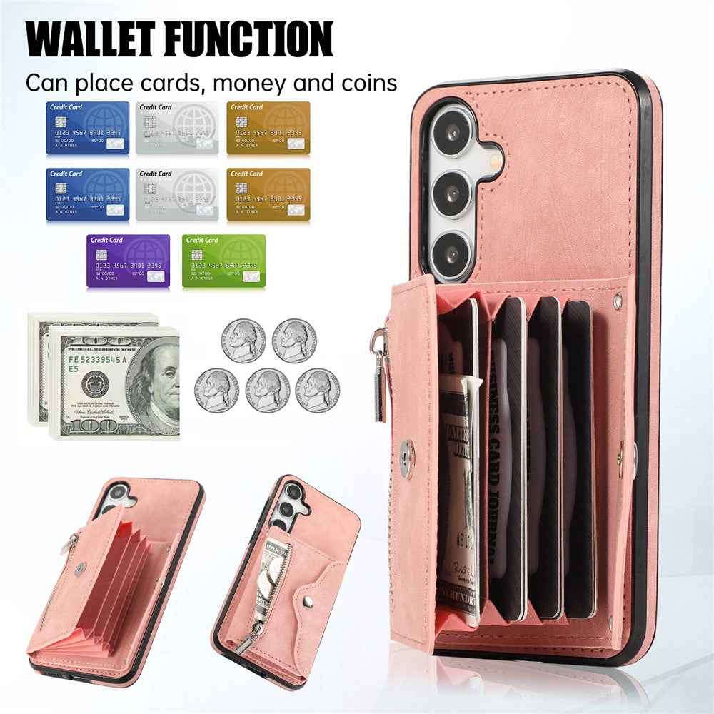 For Samsung Galaxy A57 5G Case Multiple Card Holder Kickstand TPU PU Leather + PC Phone Cover with Wrist Strap - Rose Gold