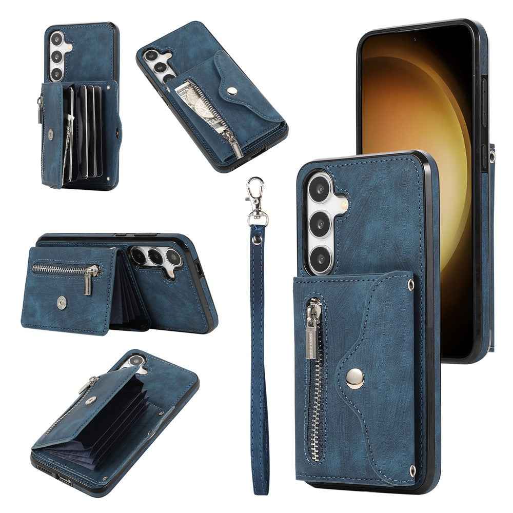 For Samsung Galaxy A57 5G Case Multiple Card Holder Kickstand TPU PU Leather + PC Phone Cover with Wrist Strap - Blue