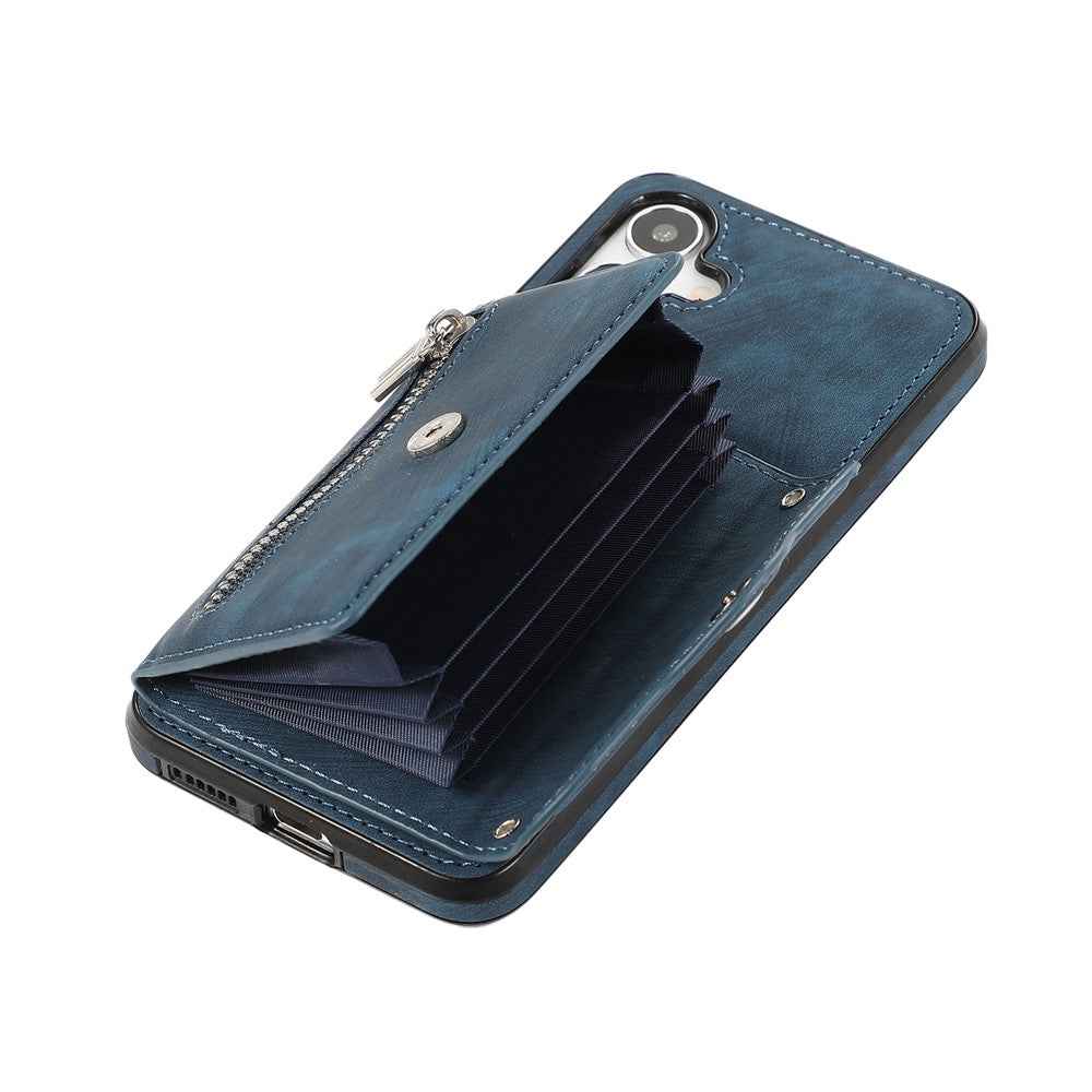 For Samsung Galaxy A57 5G Case Multiple Card Holder Kickstand TPU PU Leather + PC Phone Cover with Wrist Strap - Blue