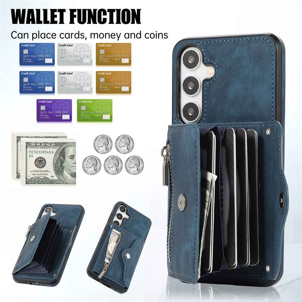 For Samsung Galaxy A57 5G Case Multiple Card Holder Kickstand TPU PU Leather + PC Phone Cover with Wrist Strap - Blue