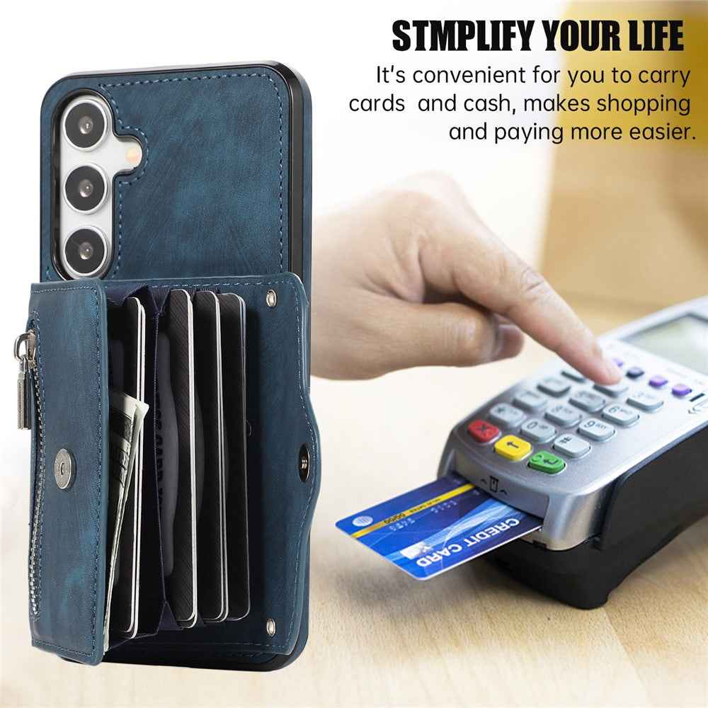 For Samsung Galaxy A57 5G Case Multiple Card Holder Kickstand TPU PU Leather + PC Phone Cover with Wrist Strap - Blue