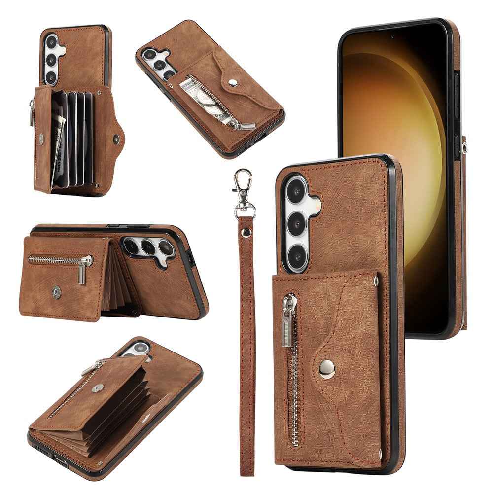 For Samsung Galaxy A57 5G Case Multiple Card Holder Kickstand TPU PU Leather + PC Phone Cover with Wrist Strap - Brown
