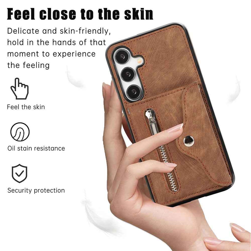 For Samsung Galaxy A57 5G Case Multiple Card Holder Kickstand TPU PU Leather + PC Phone Cover with Wrist Strap - Brown
