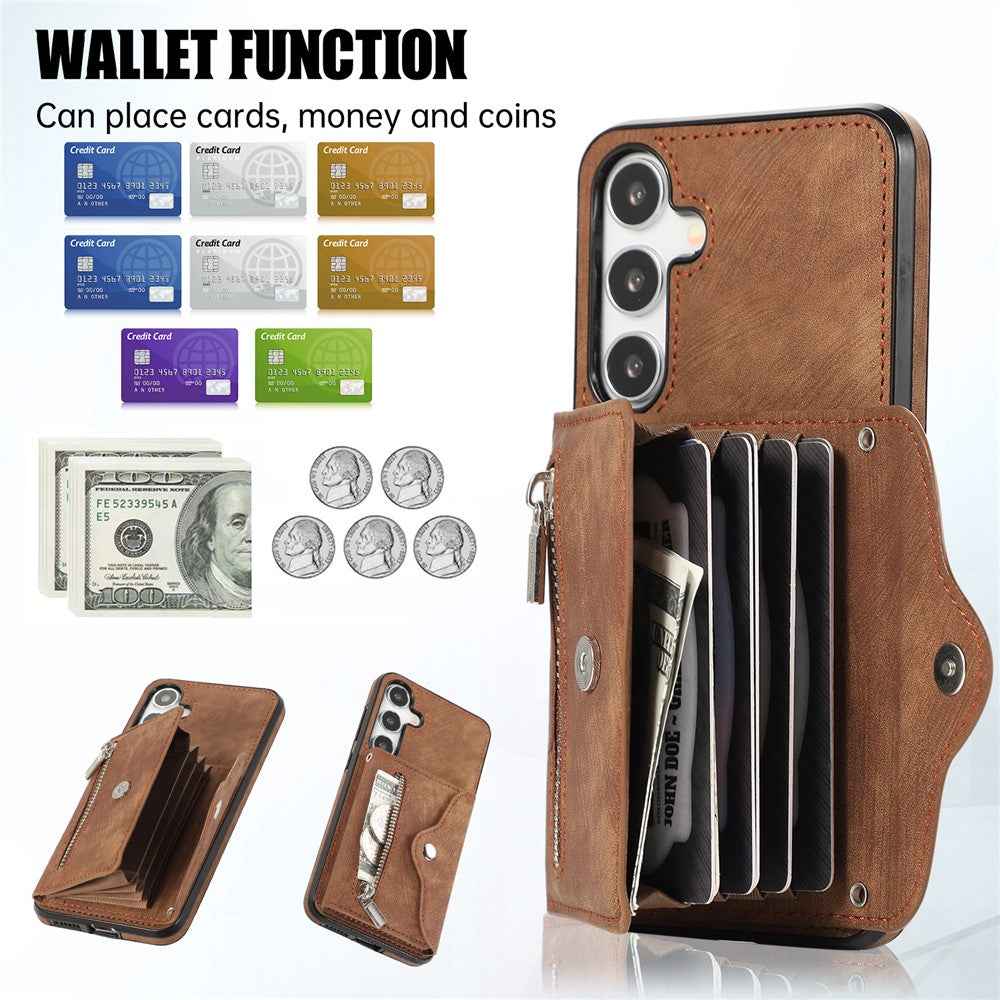 For Samsung Galaxy A57 5G Case Multiple Card Holder Kickstand TPU PU Leather + PC Phone Cover with Wrist Strap - Brown