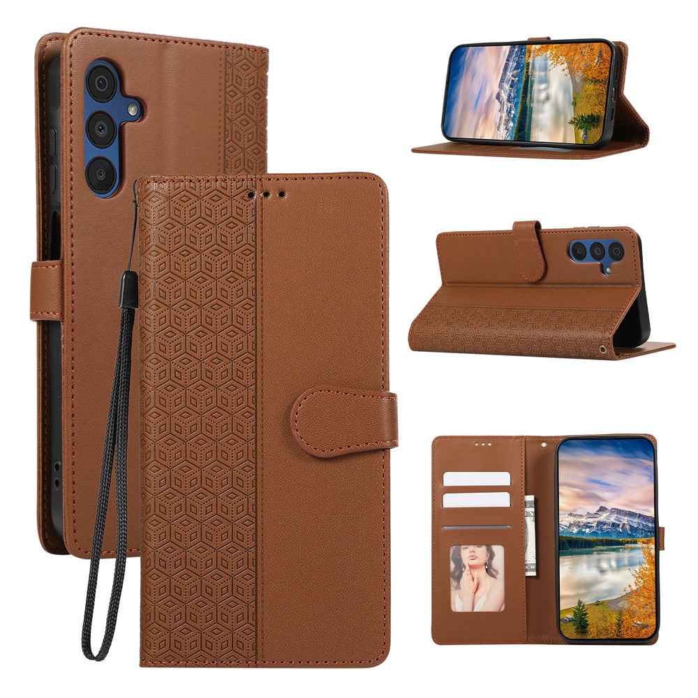 For Samsung Galaxy A57 5G Case Splicing Imprinted Rhombus Leather Phone Cover with Wrist Strap - Brown