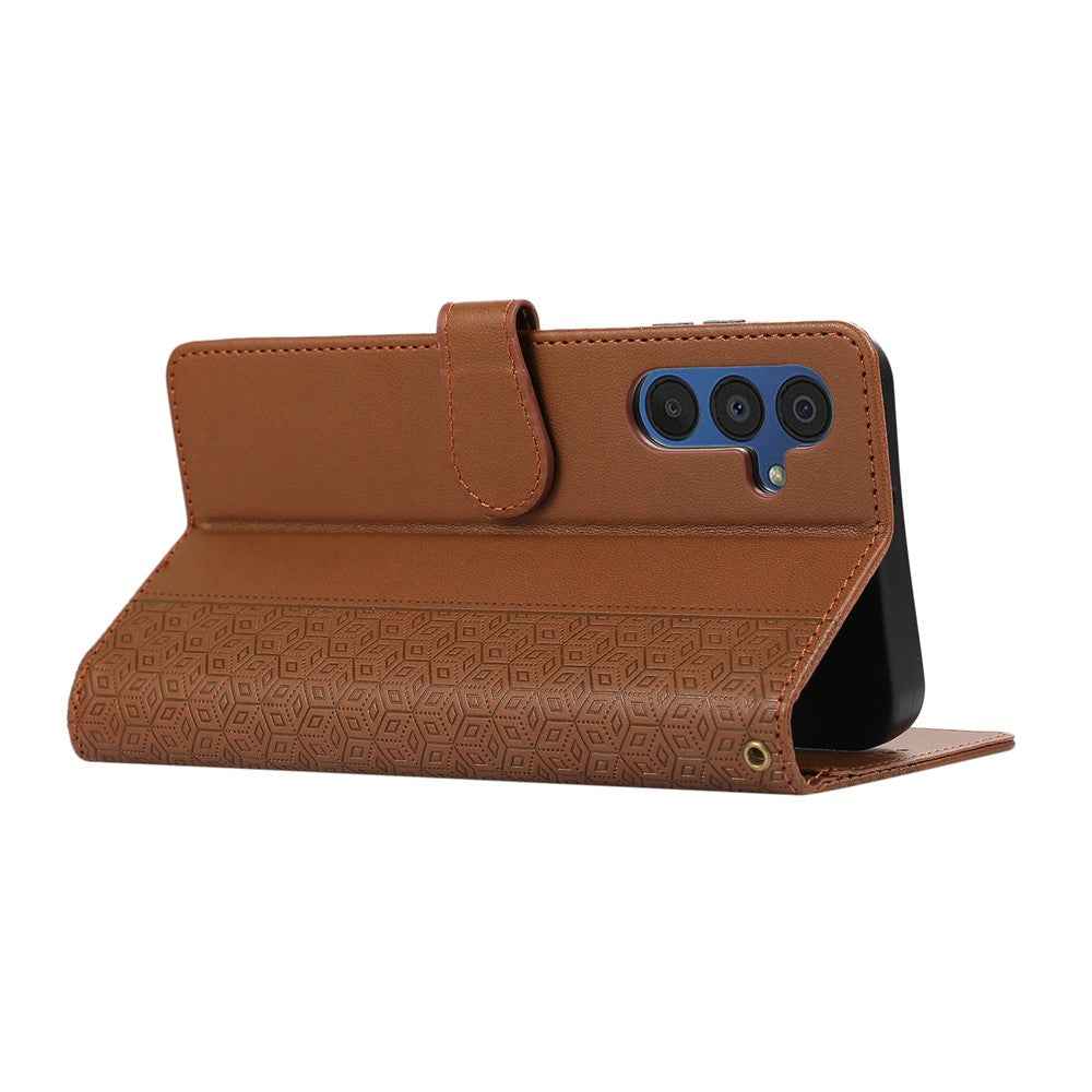 For Samsung Galaxy A57 5G Case Splicing Imprinted Rhombus Leather Phone Cover with Wrist Strap - Brown