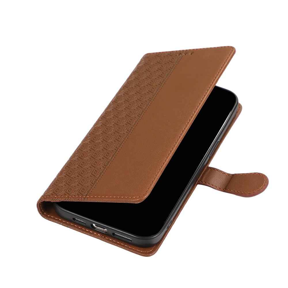 For Samsung Galaxy A57 5G Case Splicing Imprinted Rhombus Leather Phone Cover with Wrist Strap - Brown