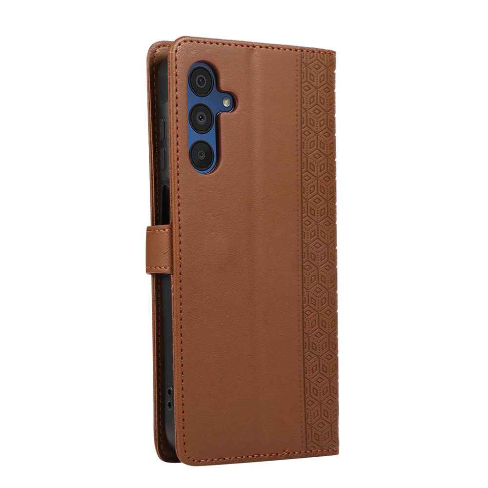 For Samsung Galaxy A57 5G Case Splicing Imprinted Rhombus Leather Phone Cover with Wrist Strap - Brown
