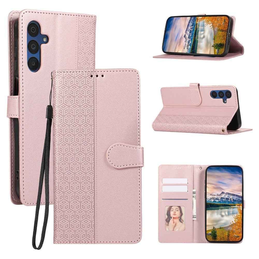For Samsung Galaxy A57 5G Case Splicing Imprinted Rhombus Leather Phone Cover with Wrist Strap - Rose Gold
