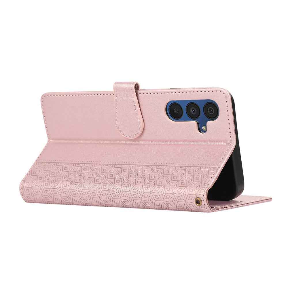 For Samsung Galaxy A57 5G Case Splicing Imprinted Rhombus Leather Phone Cover with Wrist Strap - Rose Gold