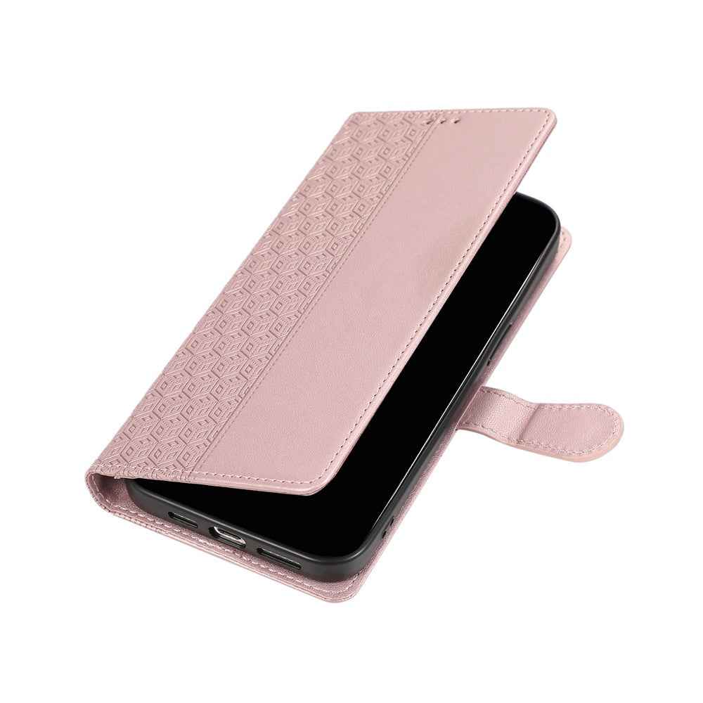 For Samsung Galaxy A57 5G Case Splicing Imprinted Rhombus Leather Phone Cover with Wrist Strap - Rose Gold
